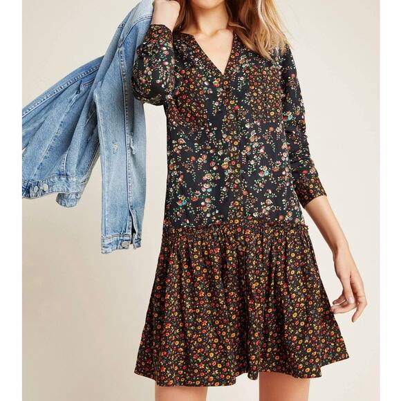 Anthropologie Maeve Marlie Button-Front Chambray Tunic Mini Floral Womens 6 - Picture 1 of 12